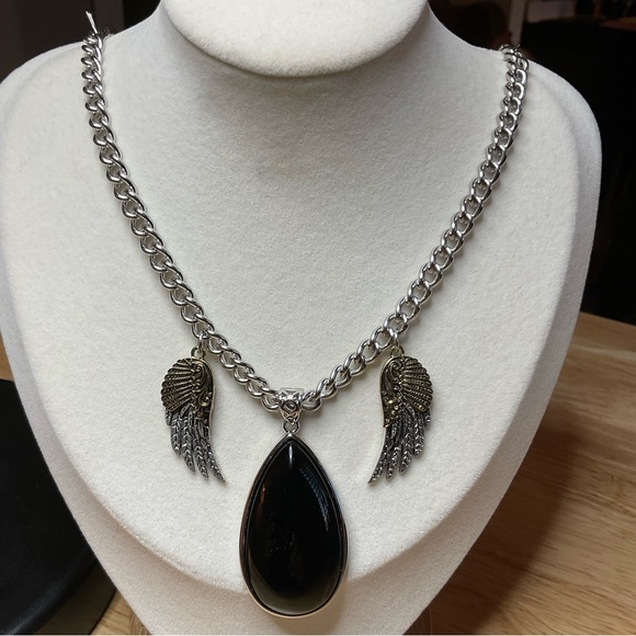 Stainless Steel Necklace with Black Jasper Pendant and Mixed Metal Wings - Picture 1 of 3